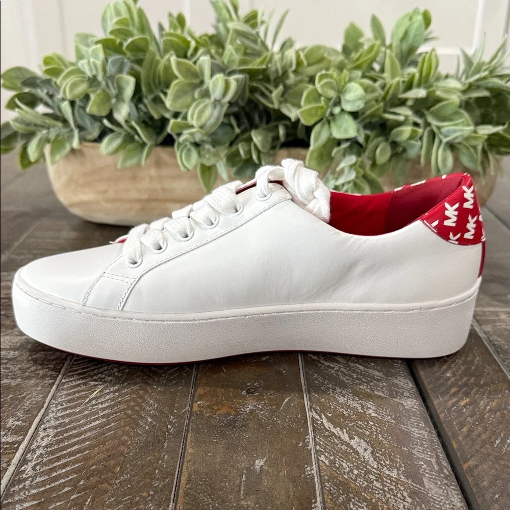 NWT Michael Kors Poppy Graphic Logo Leather Sneakers - White/Red - Size 7 1/2